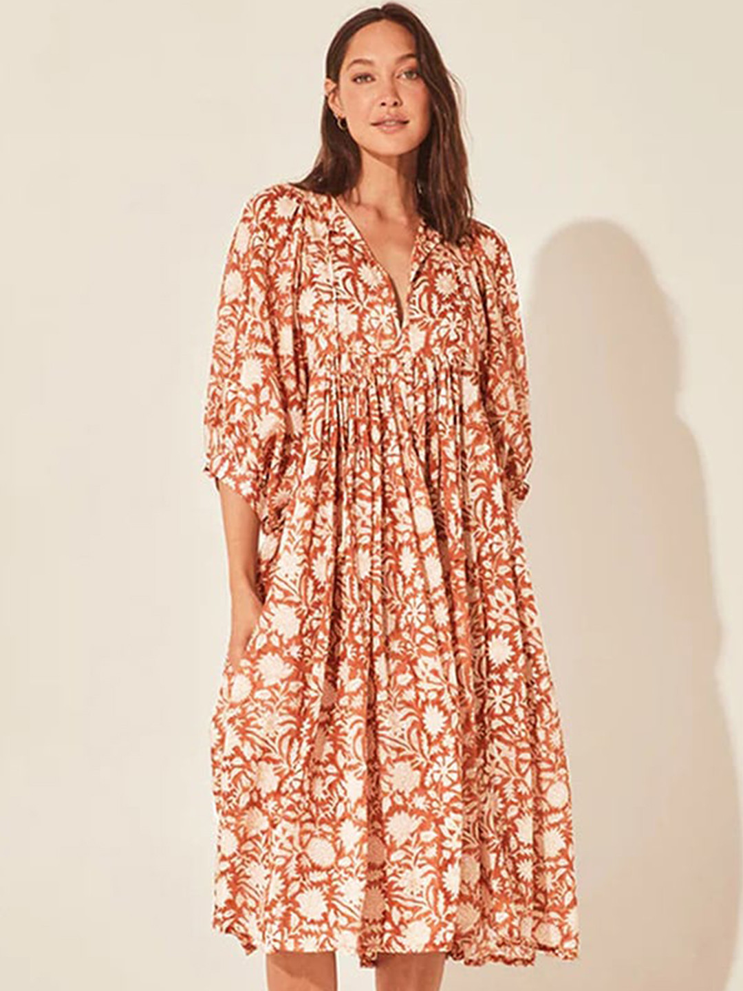 StyleCast Rust Floral Printed Puffed Sleeves Gathered or Pleated A-Line Midi Dress