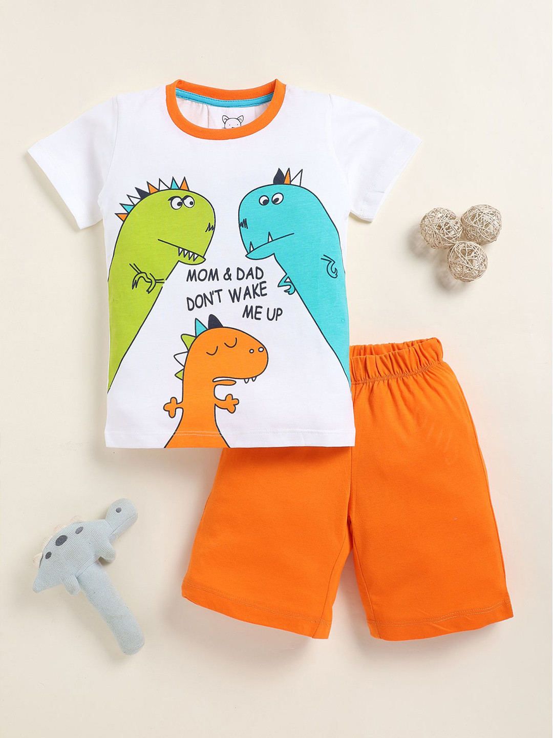 YK Boys Dinosaur Printed Round Neck T-Shirt With Shorts
