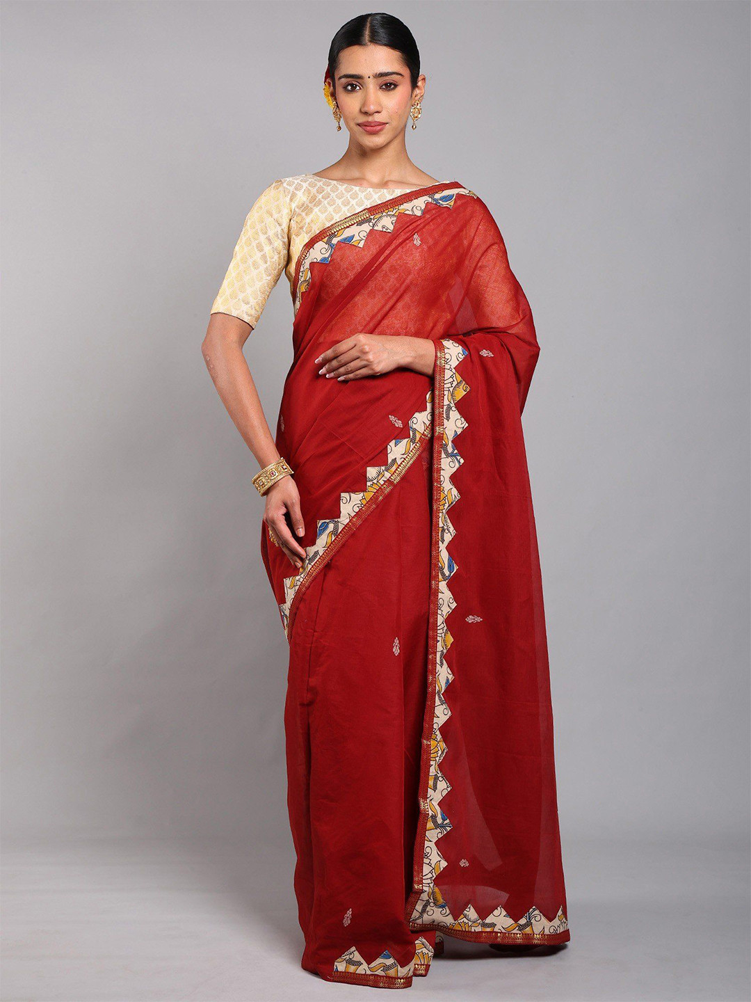 Exotic India Cotton Kalamkari Patch Border with Zari work from Telangana Saree