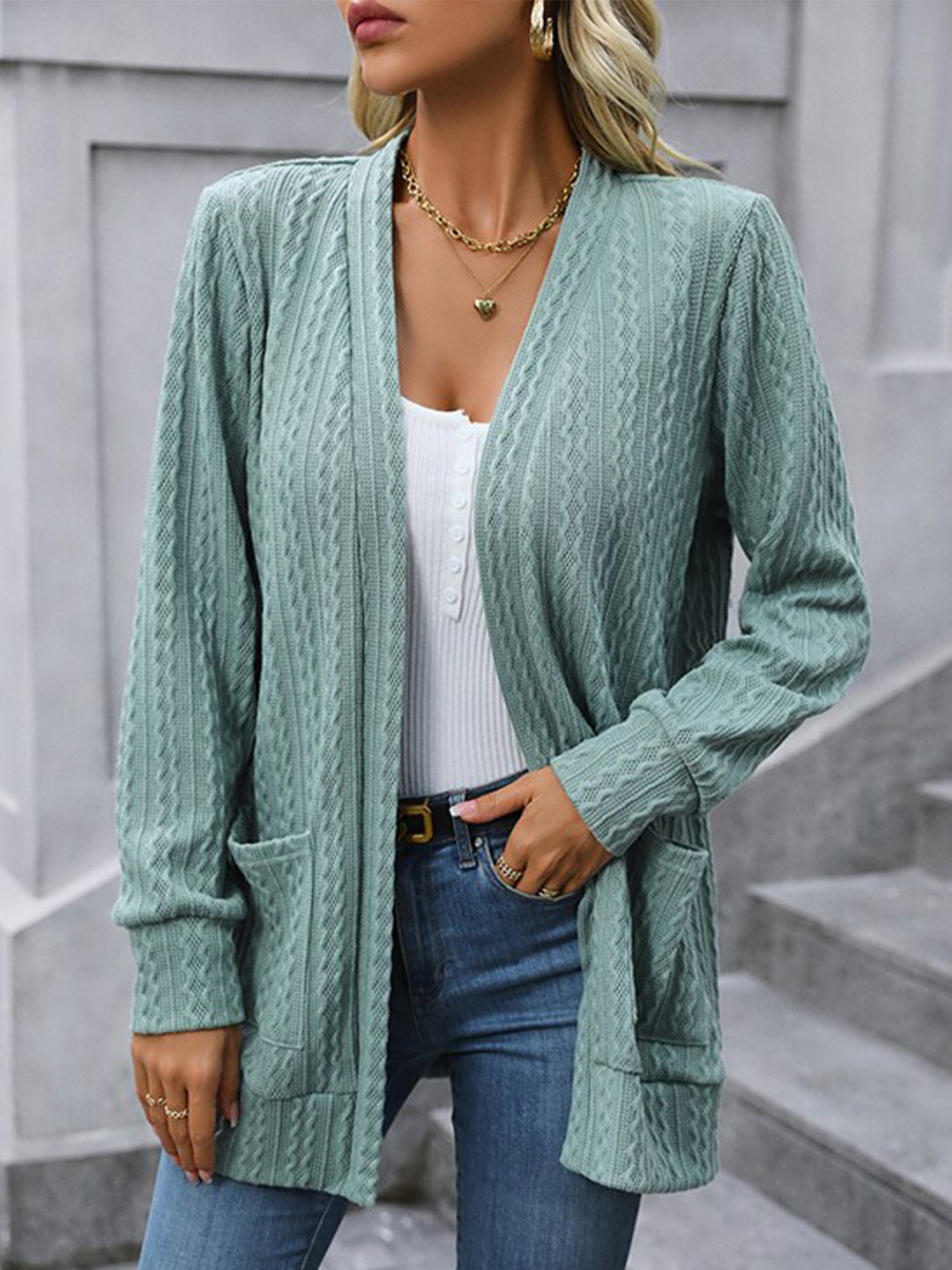 StyleCast Teal Cable Knit Self Design Shawl Neck Front Open Sweater