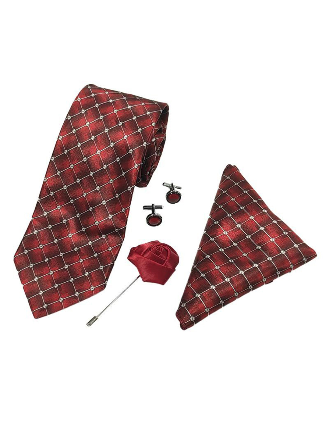 RARE COMBEE GROUP Men Checked Silk Necktie With Pocket Square, Rose Pin & Cufflinks
