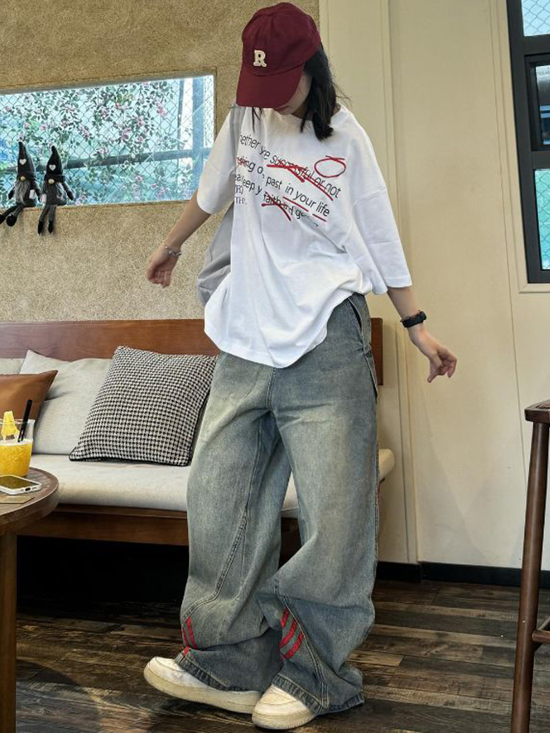 StyleCast Women Wide Leg Light Fade with Side Stripe Jeans