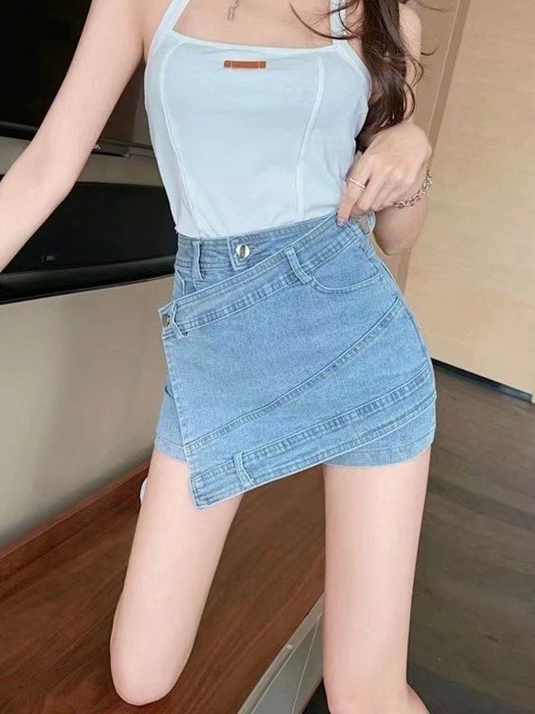 StyleCast Denim Wrap Mini Skirt