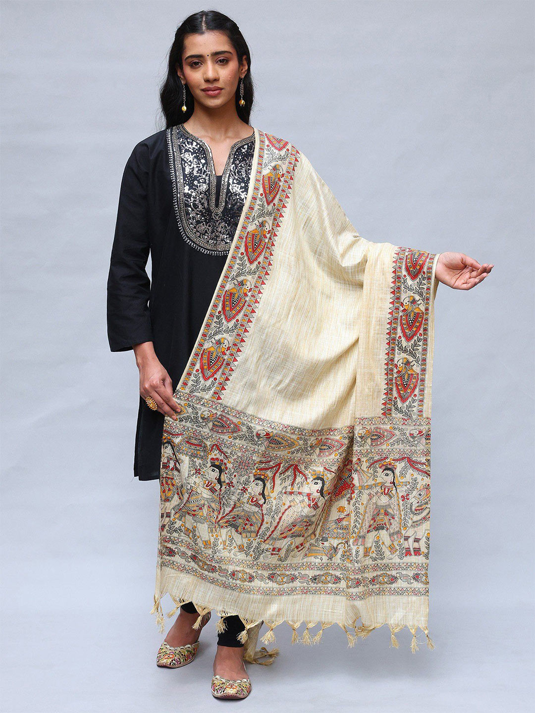 Exotic India Khadi Cotton Madhubani Art Shawl with Printed Palanquin And Peacocks Border