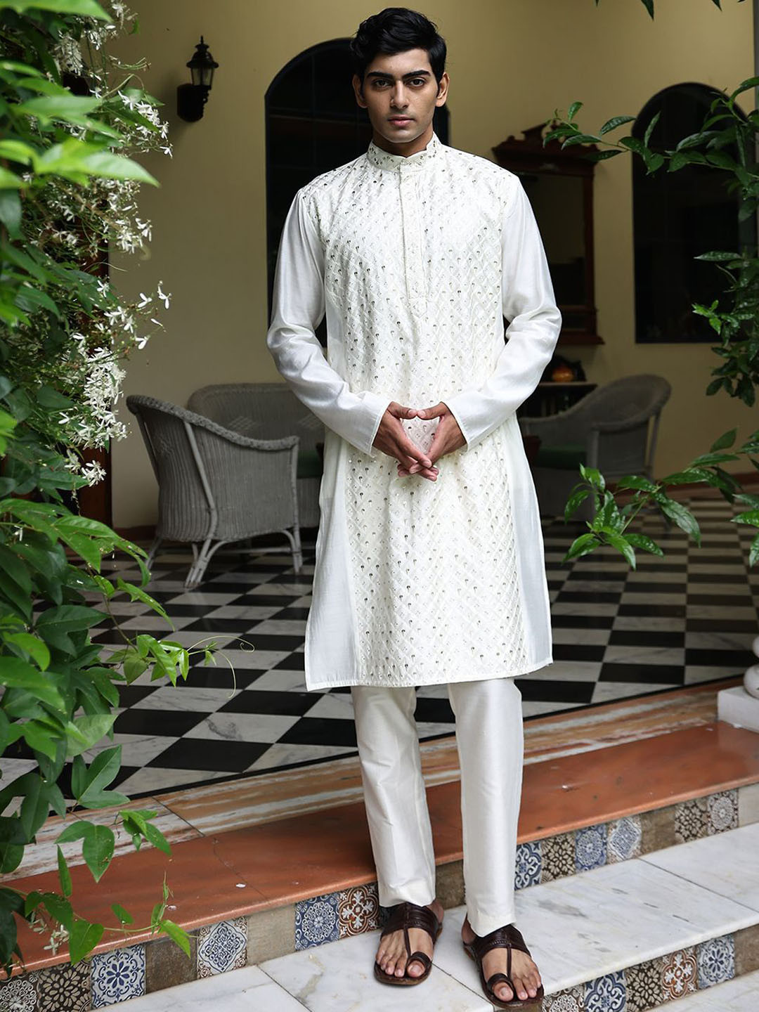 PATR Geometric Embroidered Mandarin Collar Sequinned Straight Kurta With Trousers