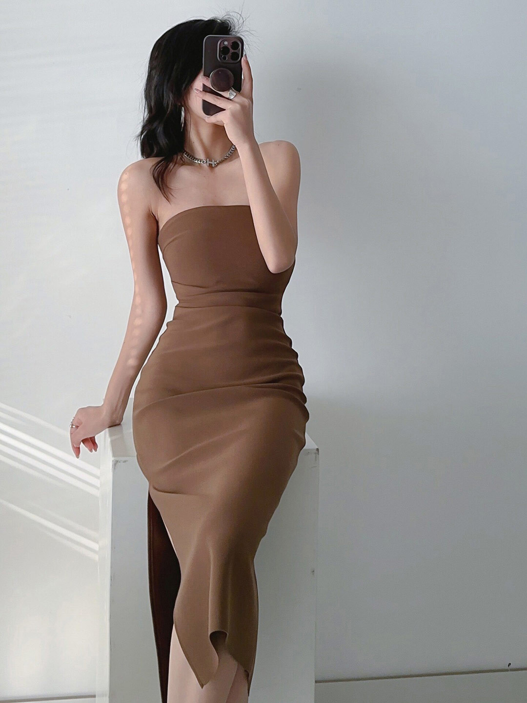 LULU & SKY Strapless Sleeveless Slit Bodycon Dress