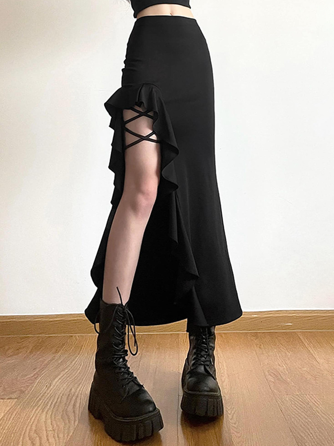 LULU & SKY Black Solid Maxi Skirt with Ruffles and Slit