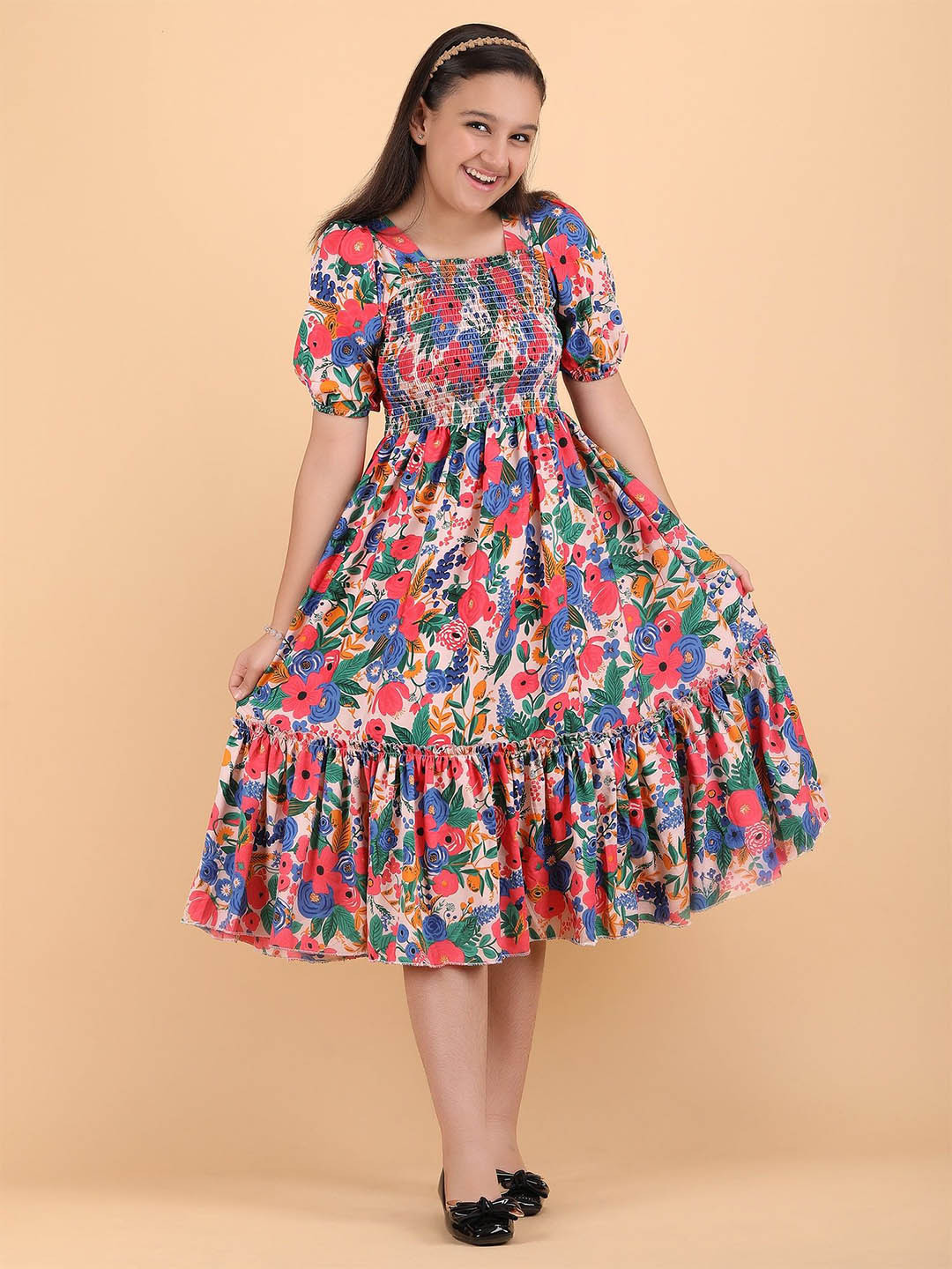 PaheliRani Girls Floral Print Puff Sleeve Fit & Flare Dress