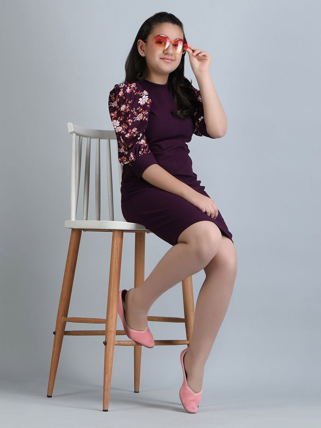 PaheliRani Girls Floral Printed Puff Sleeve Fit & Flare Purple Dress