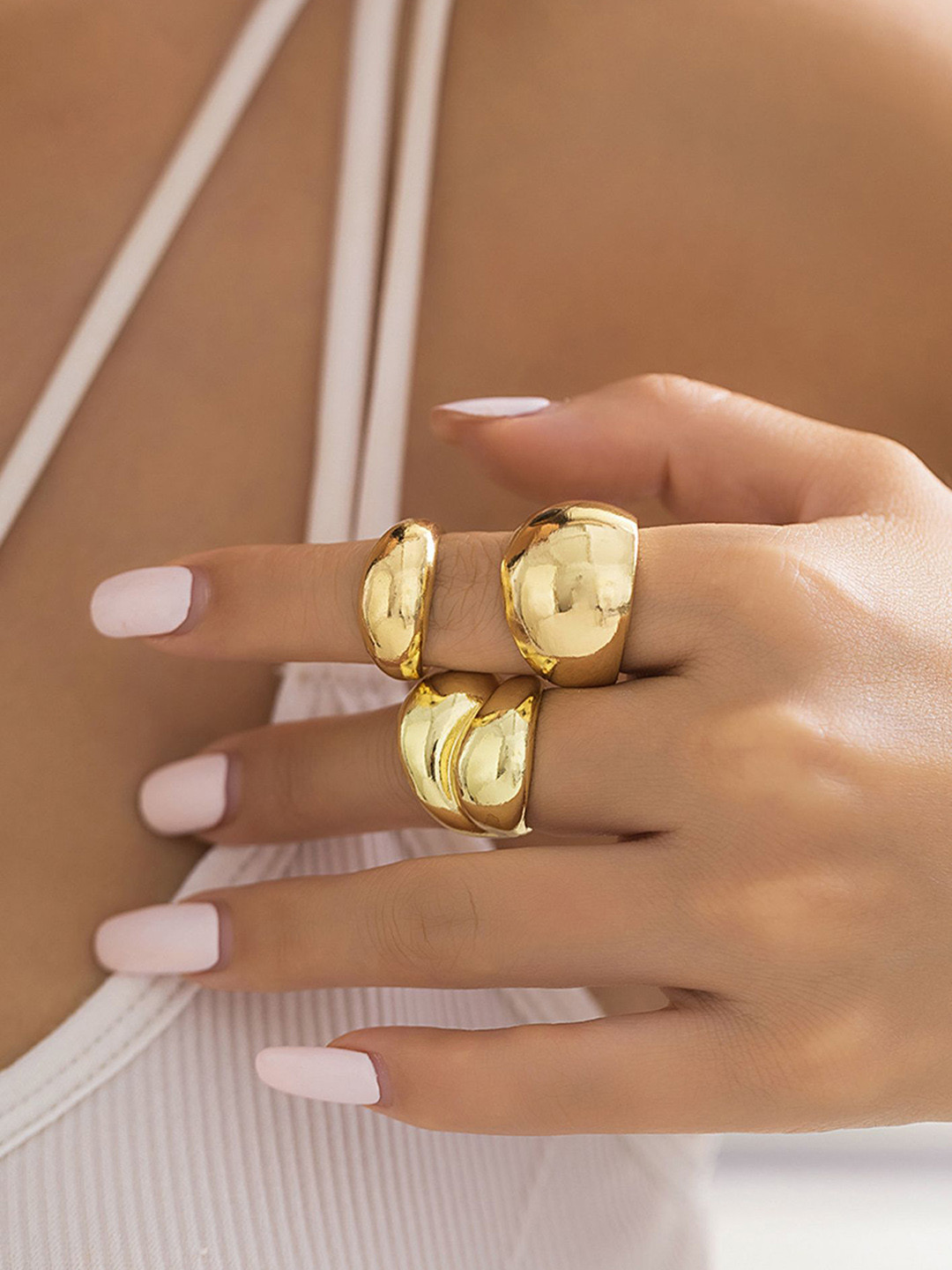LULU & SKY Set Of 3 Gold-Plated Dome Adjustable Finger Rings