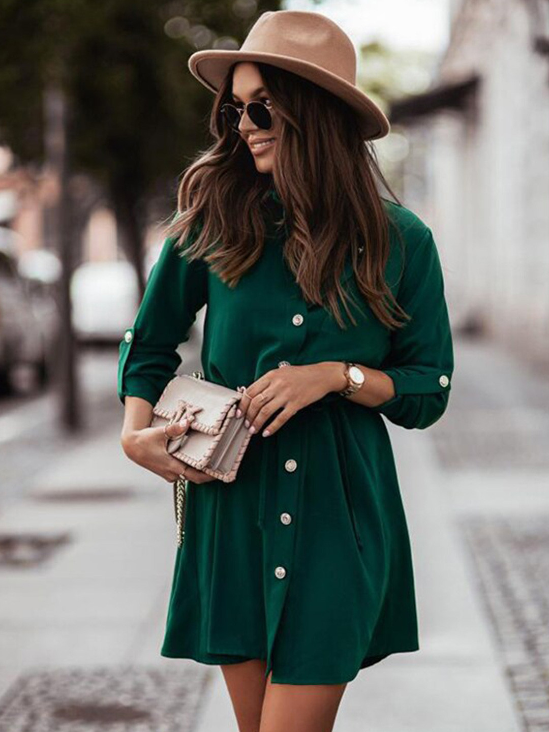 StyleCast Green Shirt Collar Long Sleeves Belted Shirt Dress