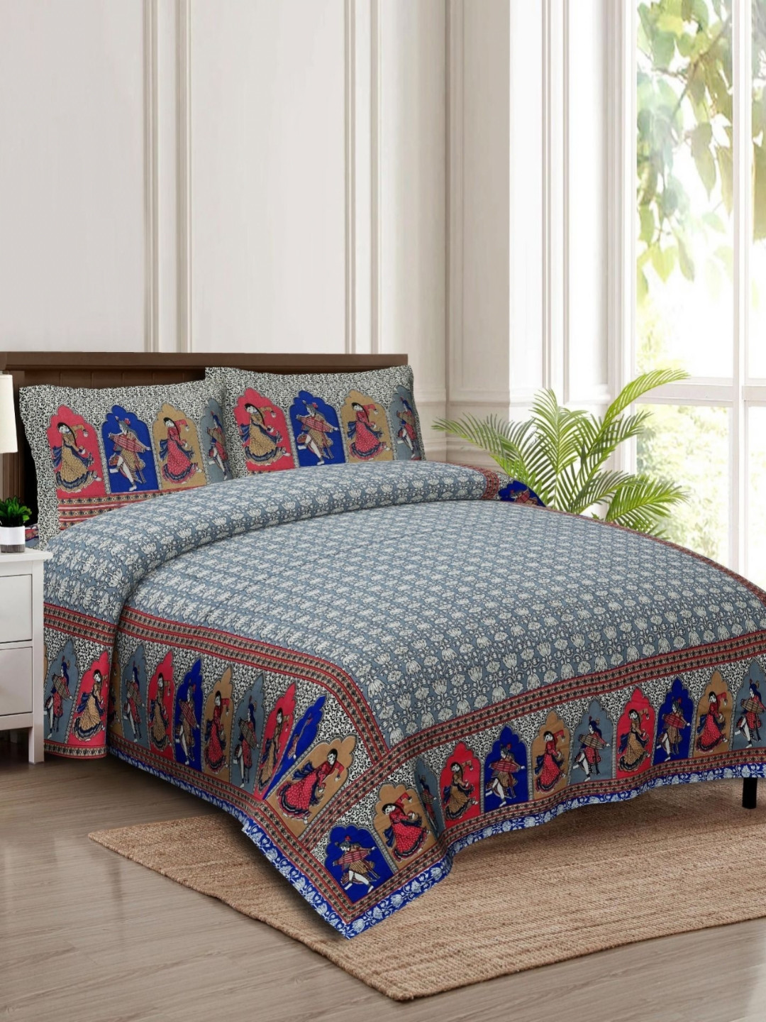 Rudra Bazaar Grey Ethnic Motifs Cotton 210 TC King Fine Bedsheet with 2 Pillow Covers-108 x 90 inches
