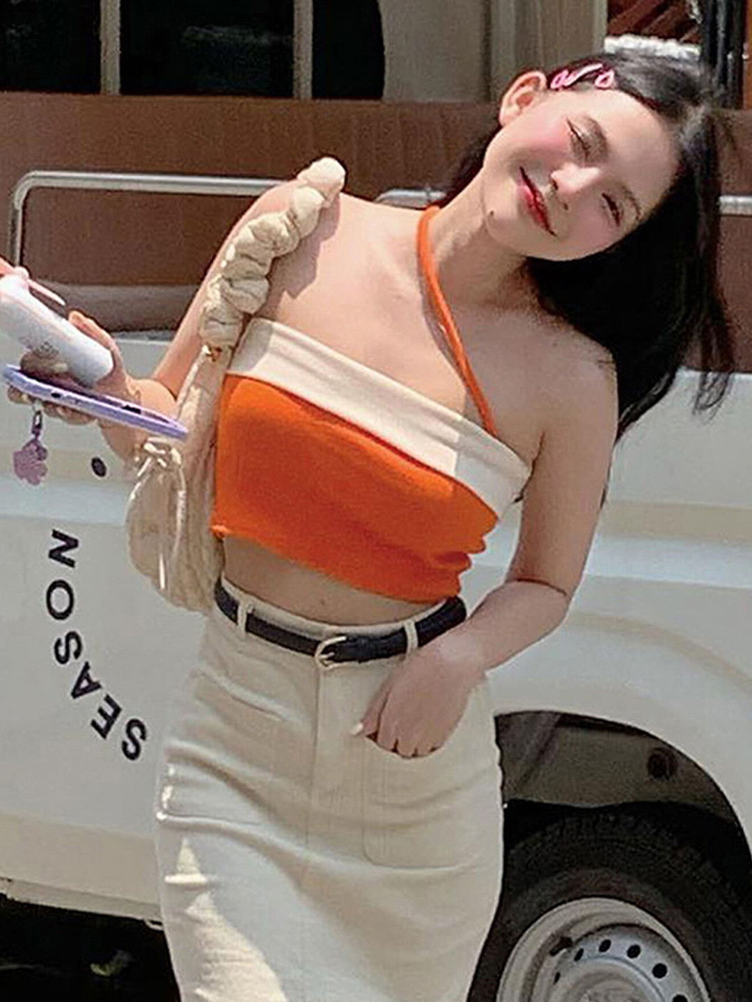 LULU & SKY Orange & Beige One Shoulder Crop Top