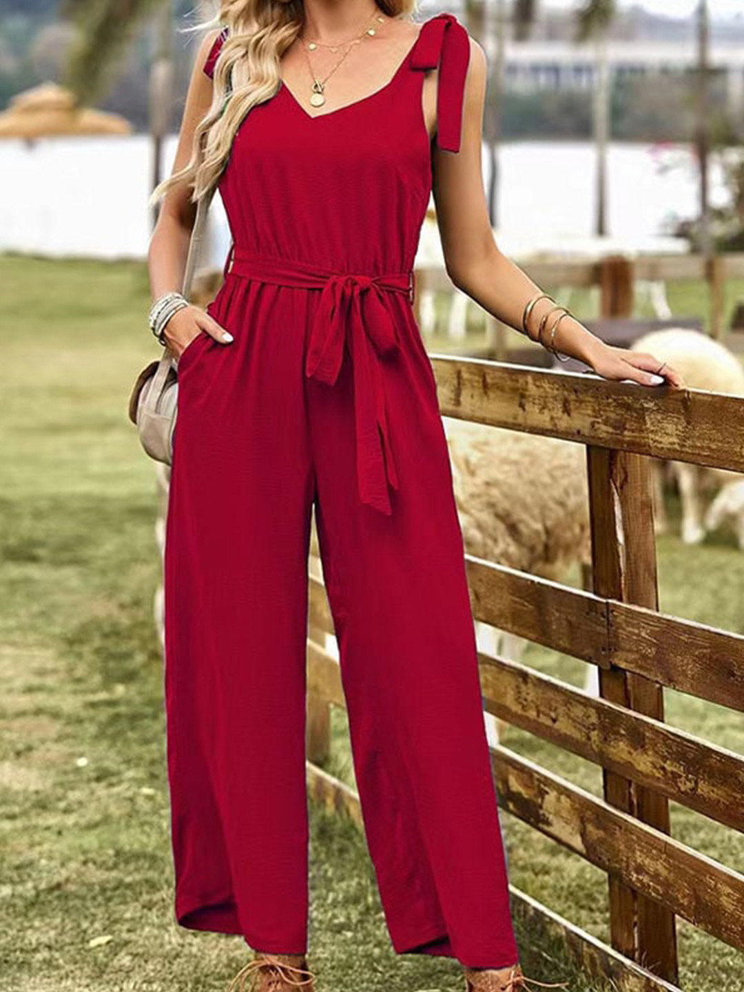 StyleCast Maroon Sleeveless V-Neck Belted Basic Jumpsuit
