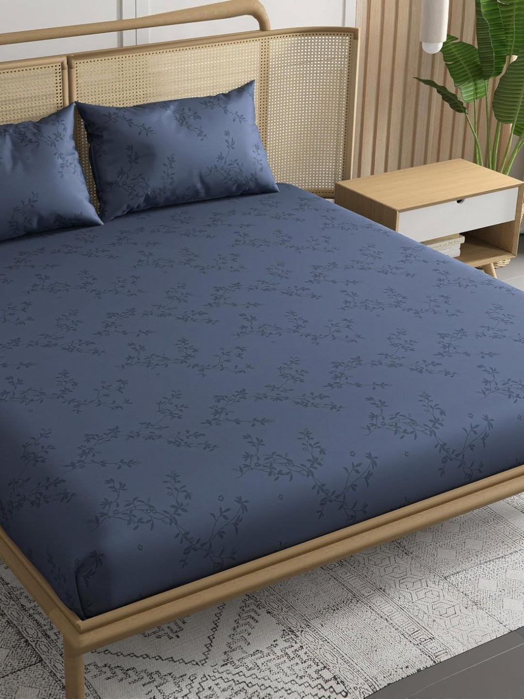 Trance Home Linen Blue Floral Egyptian Cotton 300 TC Fitted Single Fine Bedsheet with 2 Pillow Covers-183 x 121 cm