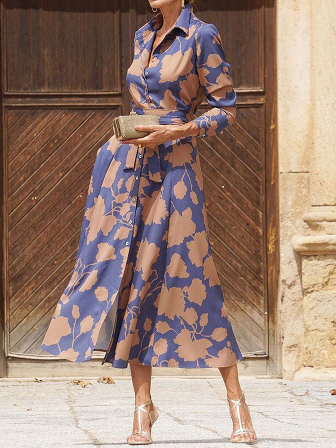 StyleCast Abstract Printed Fit and Flare Shirt Collar Midi Dress