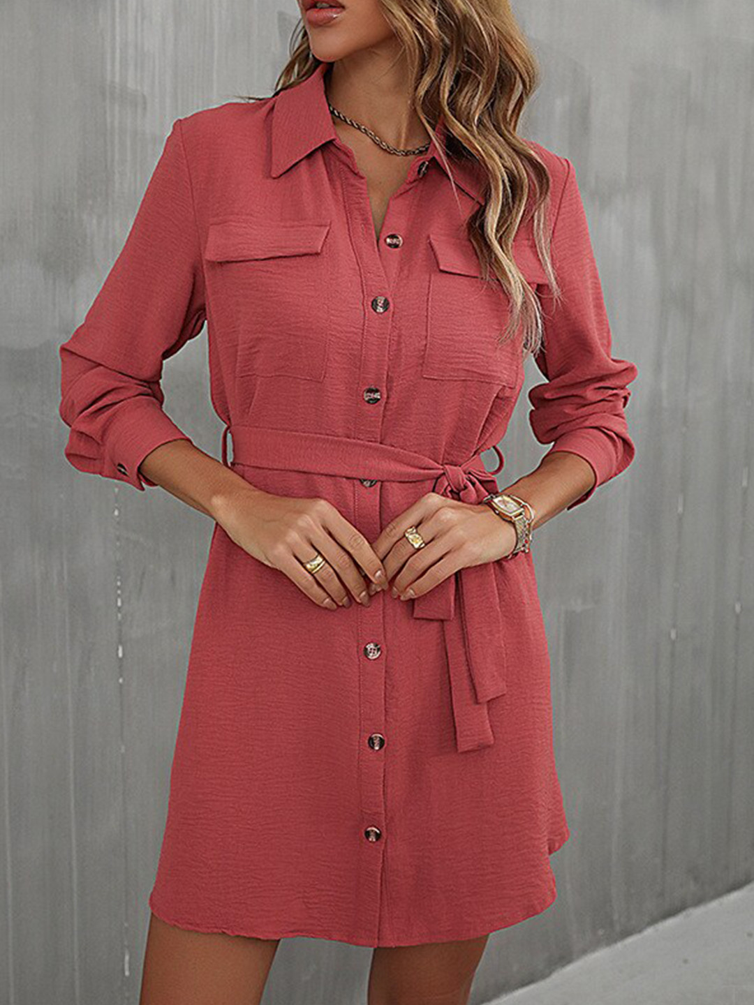 StyleCast Red Cuffed Sleeves Shirt Style Mini Dress