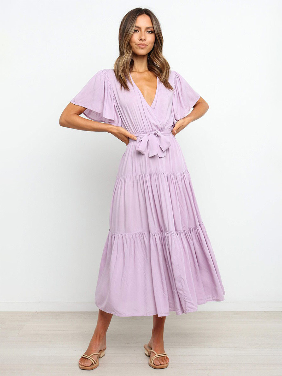 StyleCast Purple Flared Sleeves Midi Wrap Dress