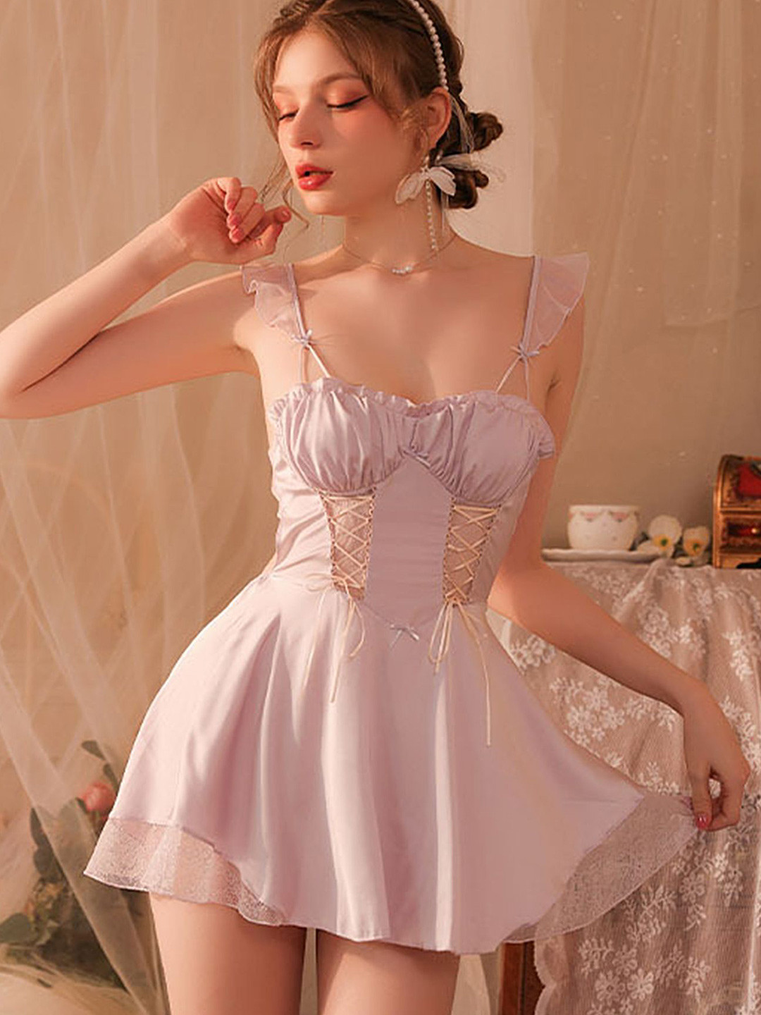 LULU & SKY Women Light Purple A-Line Baby Doll Nightdress