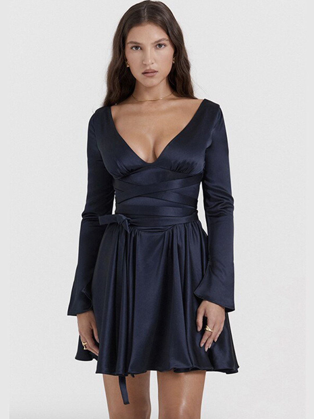 StyleCast x Revolte Blue V-Neck Tie-Ups Detail Fit and Flare Mini Dress