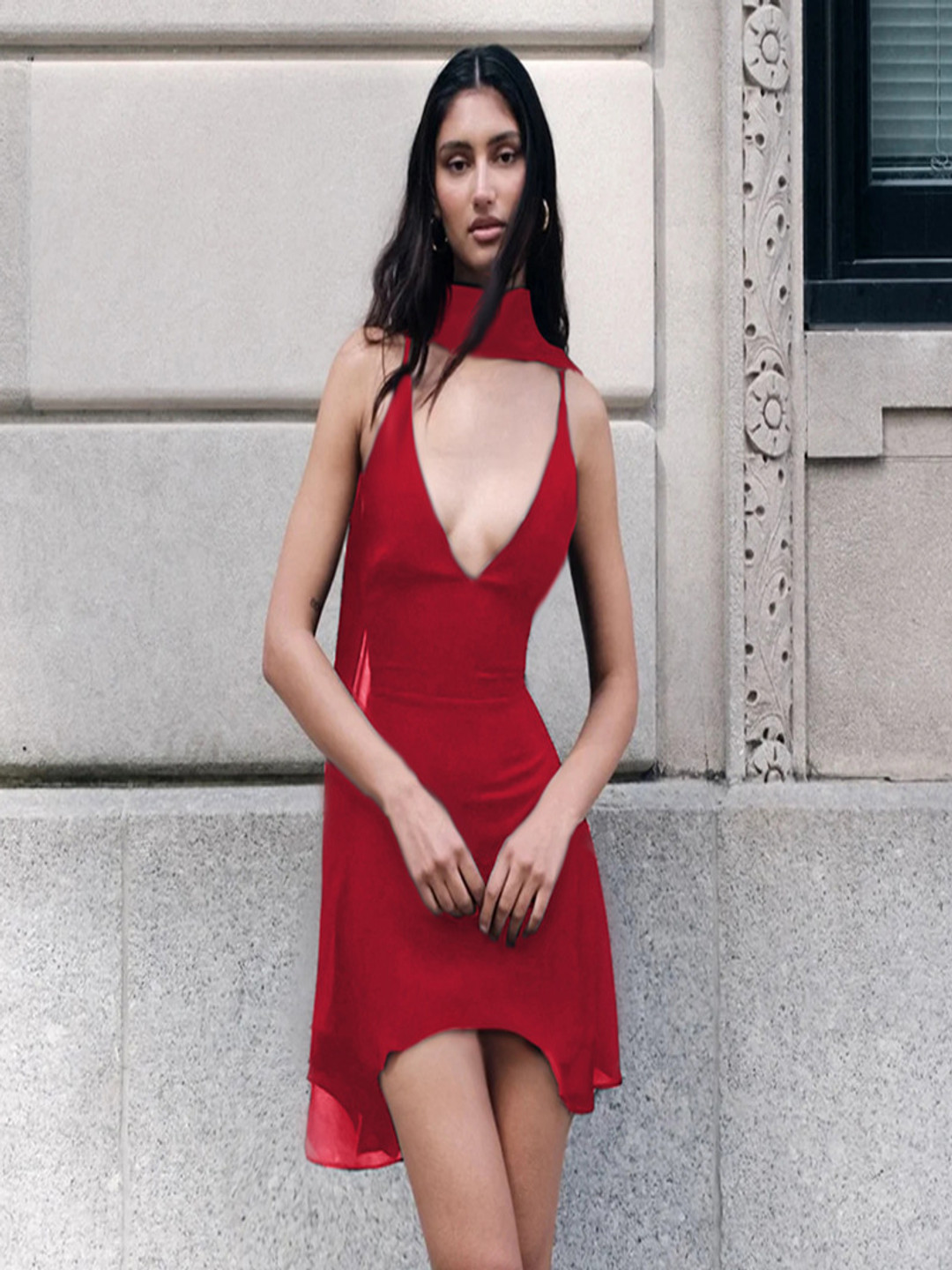 StyleCast Maroon Solid A-Line Mini Dress with Scarf