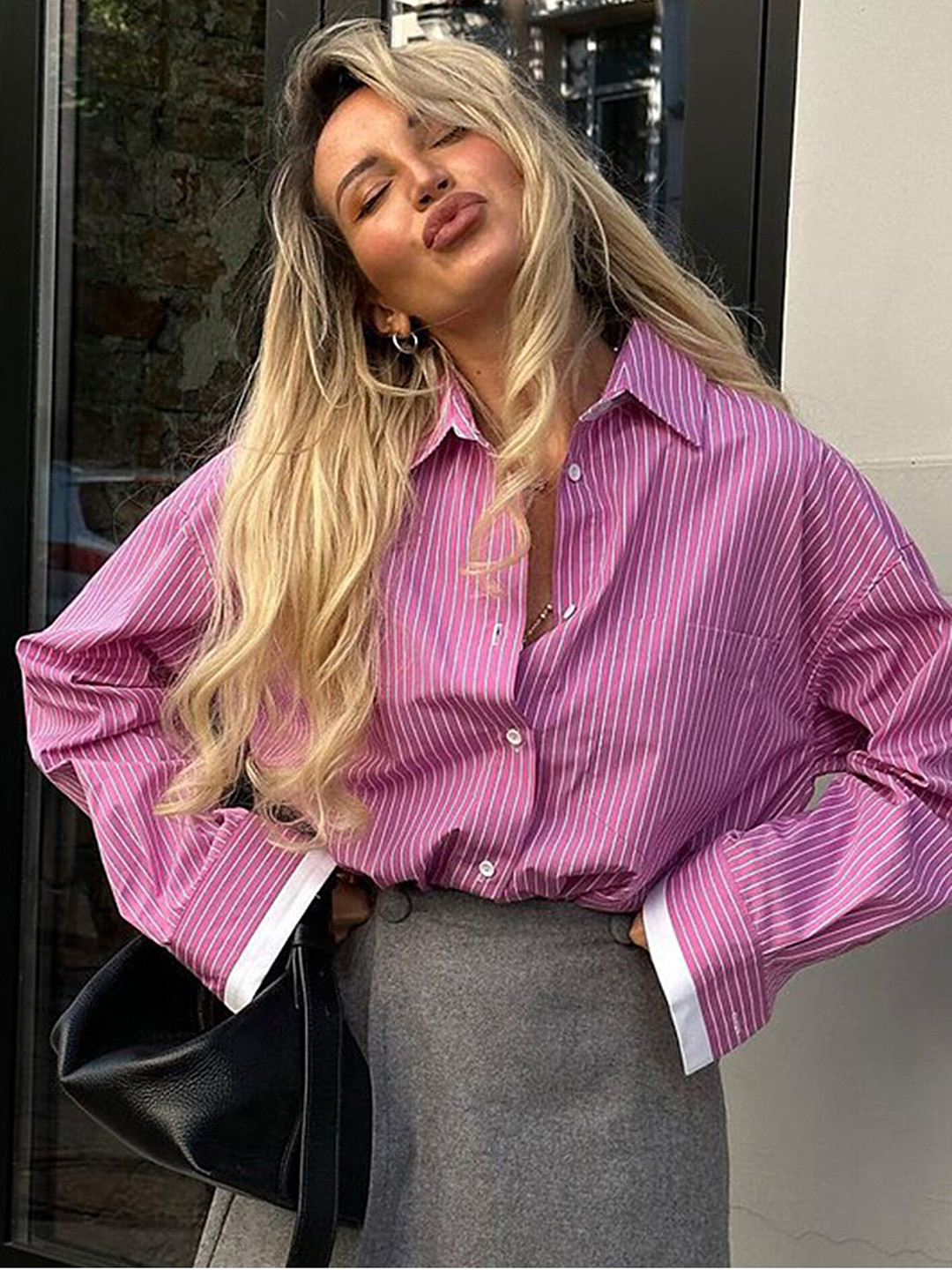 LULU & SKY Vertical Striped Drop-Shoulder Sleeves Longline Oversized Casual Shirt
