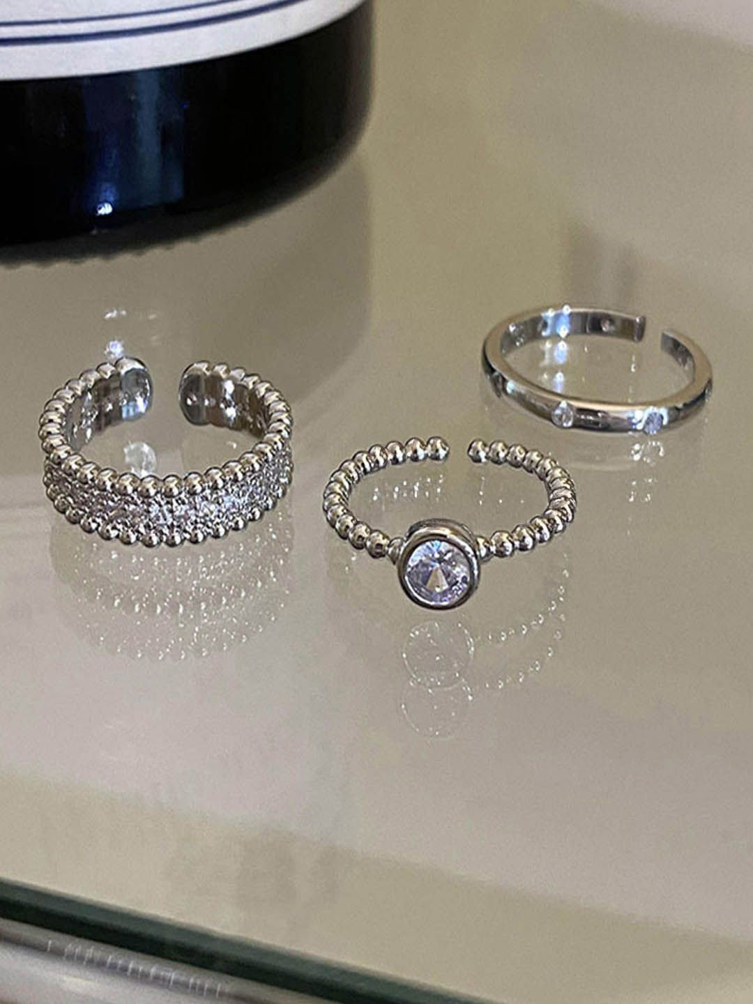 StyleCast Set Of 3 Elegant Silver-Toned Artificial Stones Studded Open Finger Ring