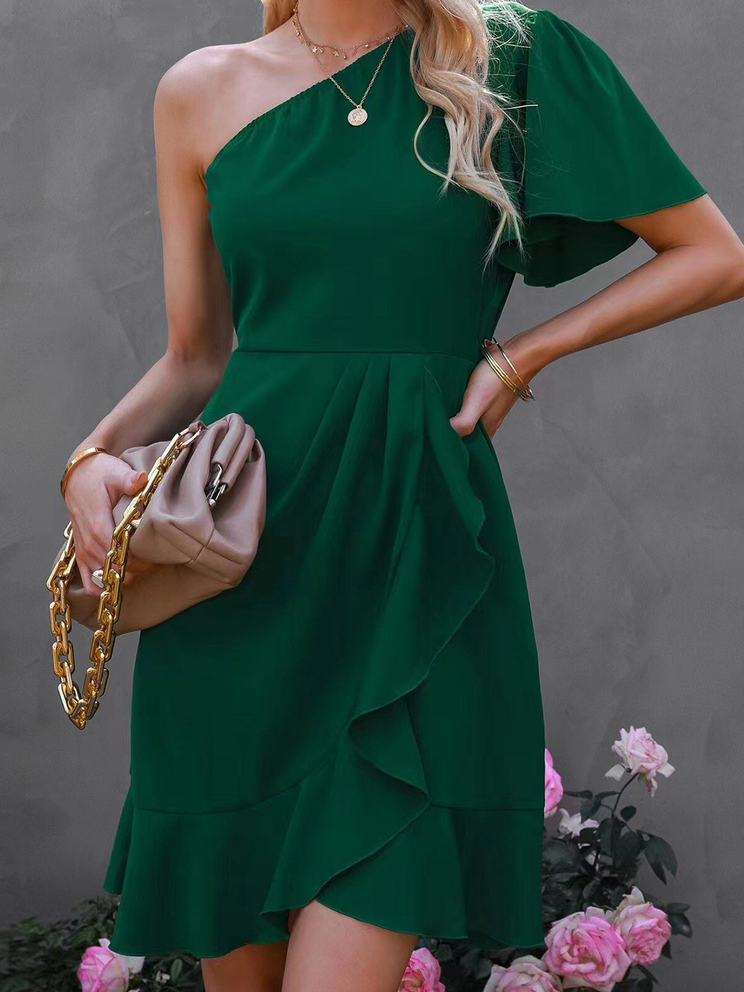 StyleCast Green One Shoulder Fit and Flare Mini Dress