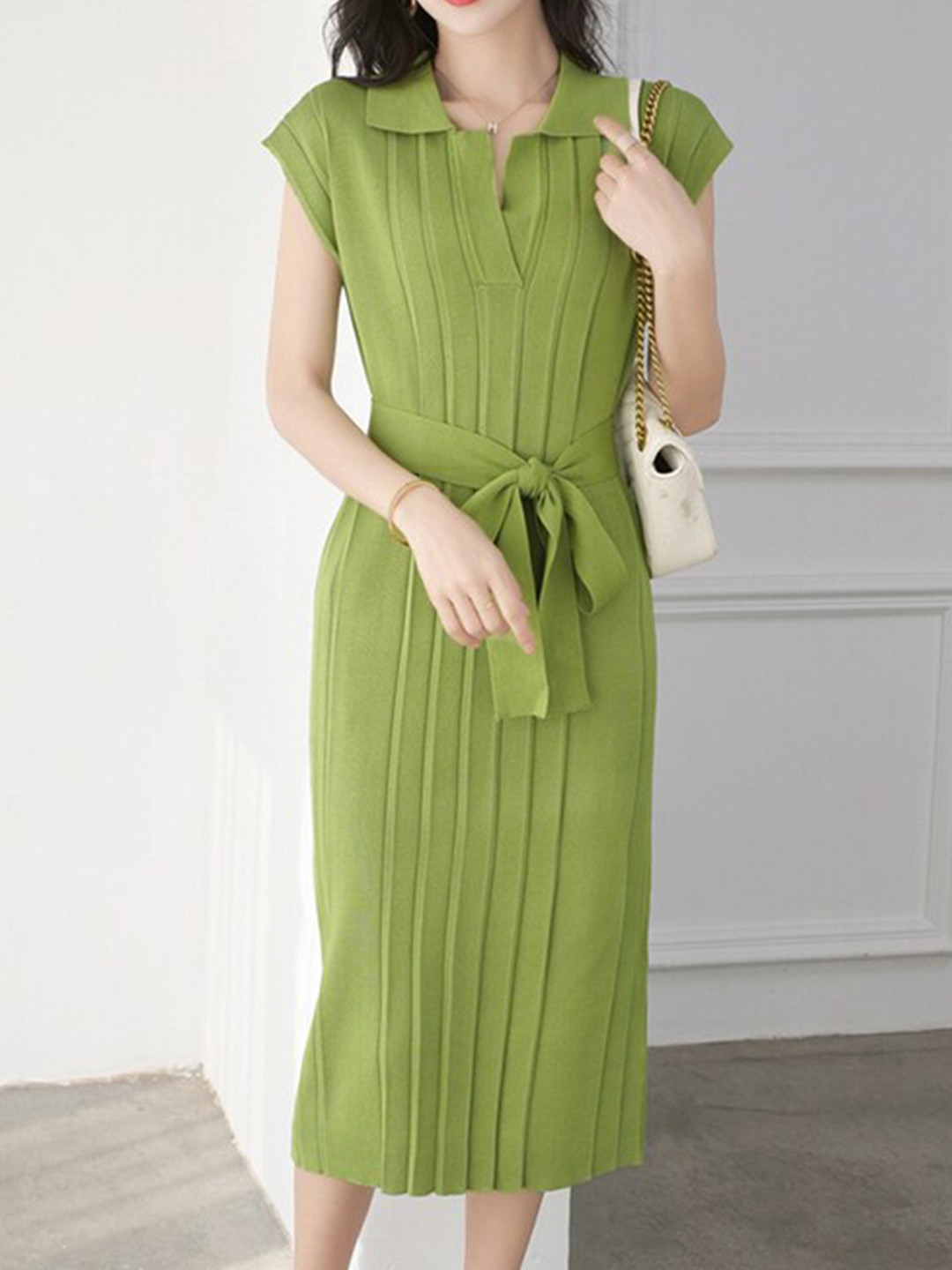 StyleCast Green Ribbed Belted Shirt Dress