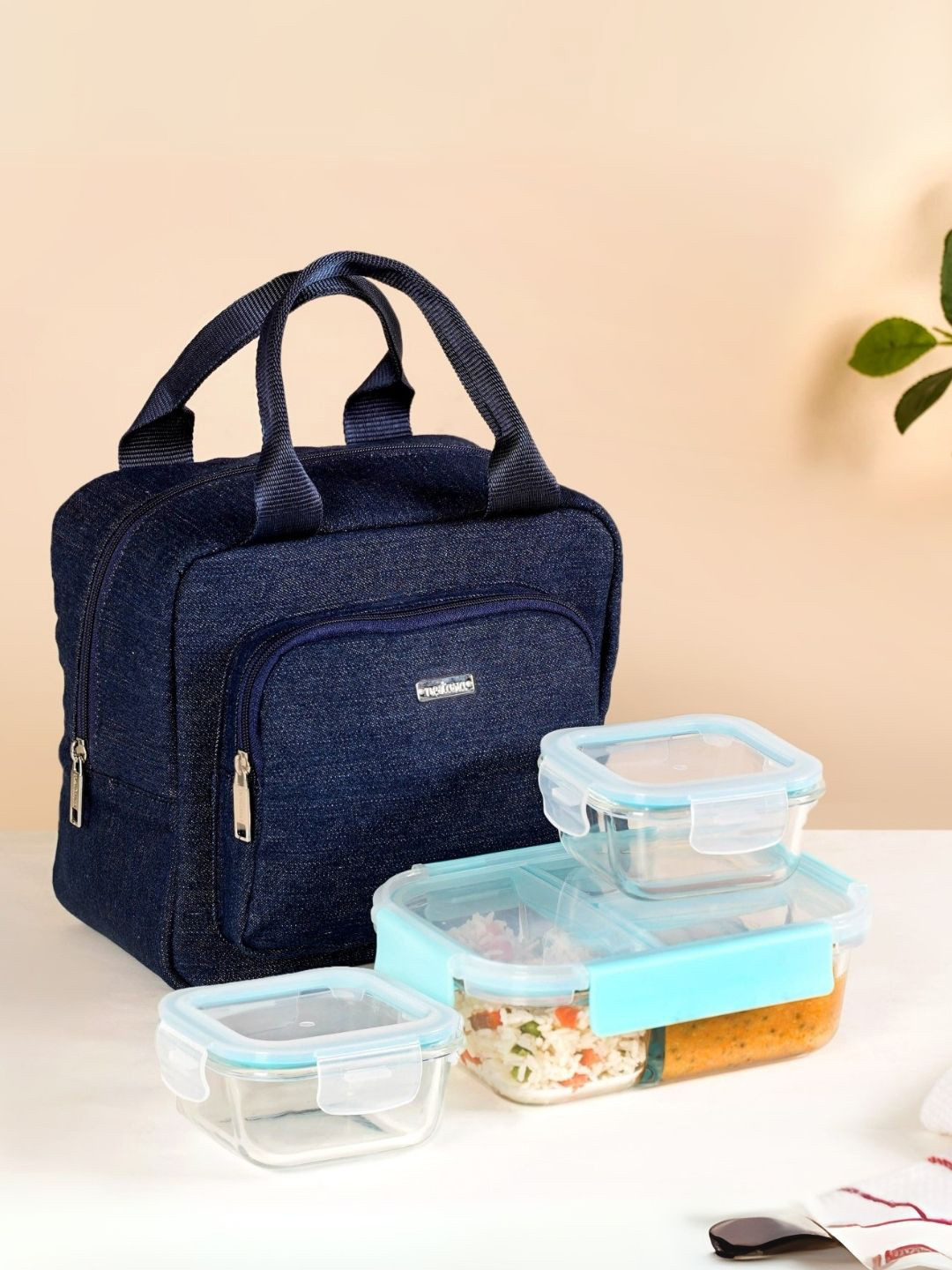 Nestasia Pack And Snack Transparent & Blue 4 Pieces Glass Lunch Box With Lunch Bag