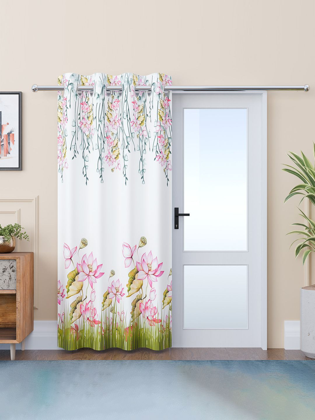 Kuber Industries White & Pink Polyester Floral Printed Door Curtain 7 Feet with 8 Grommets