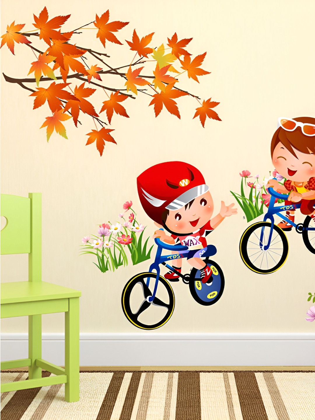 LANSTICK Red & Green Cute Couple With Cycle Printed Self-Adhesive WallStickers