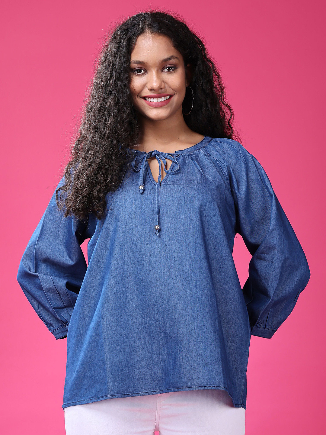 RANGRIWAZ Women Solid Blue Tie-up Neck Cotton Top