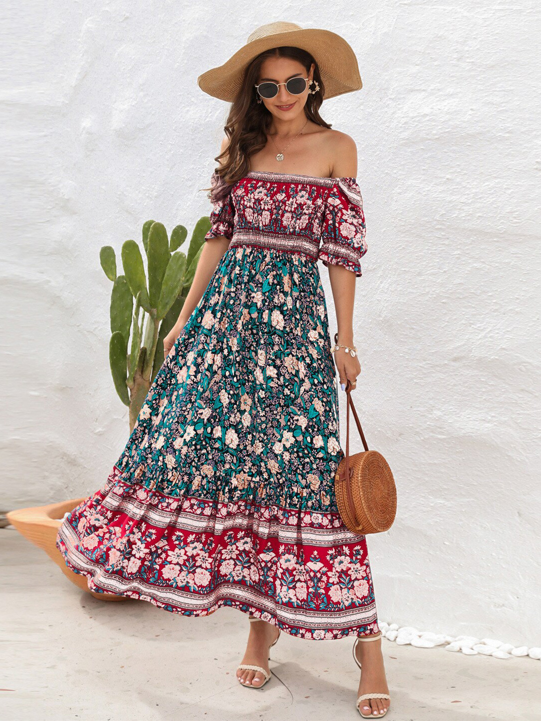 StyleCast Blue Floral Printed Off-Shoulder Smocked Maxi Dress