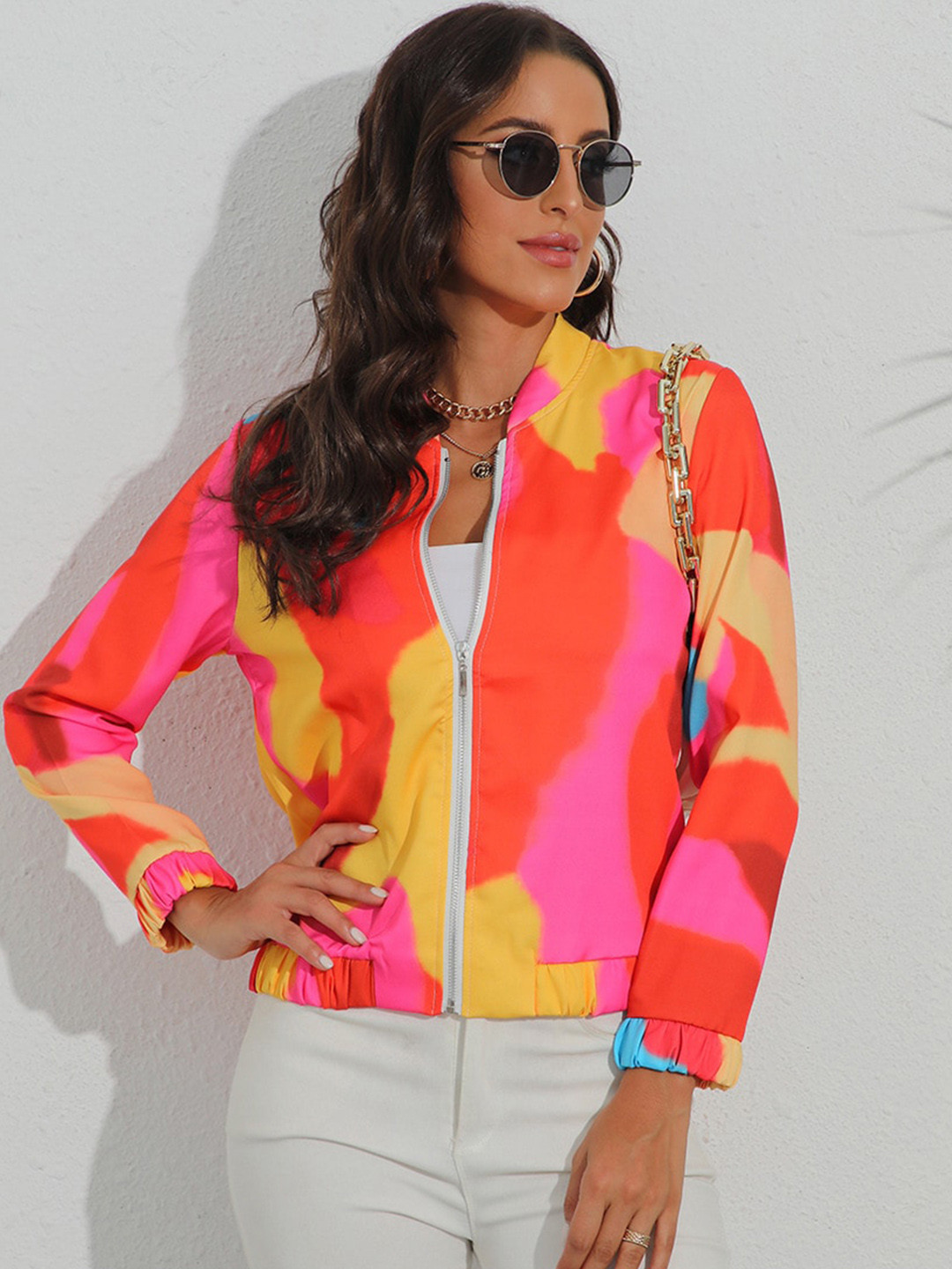 StyleCast Pink Abstract Printed Cotton Bomber Jacket