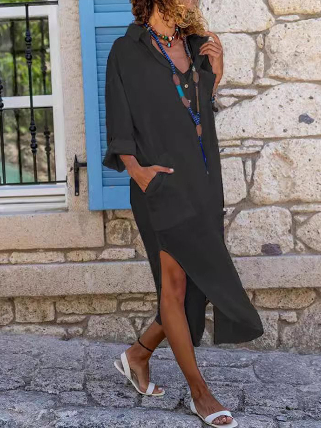 all about you Women Roll-Up Sleeves Slits Details Cotton Shirt Midi Dress