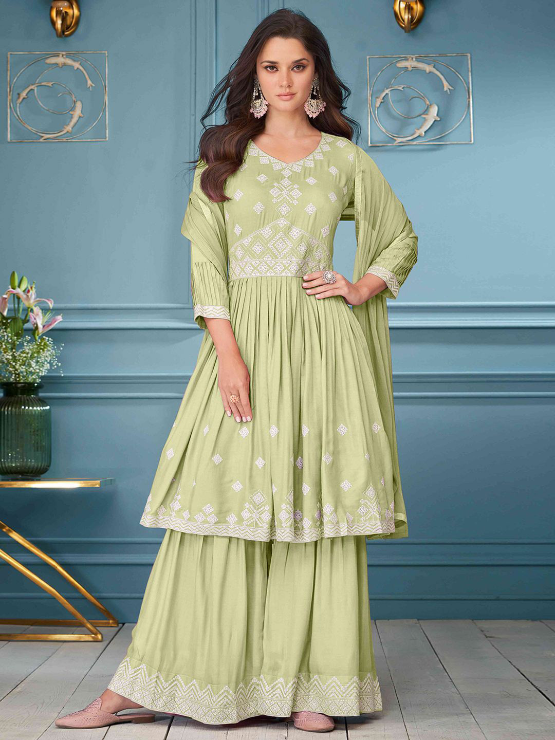 Peachmode Women Floral Embroidered Kurti Sets