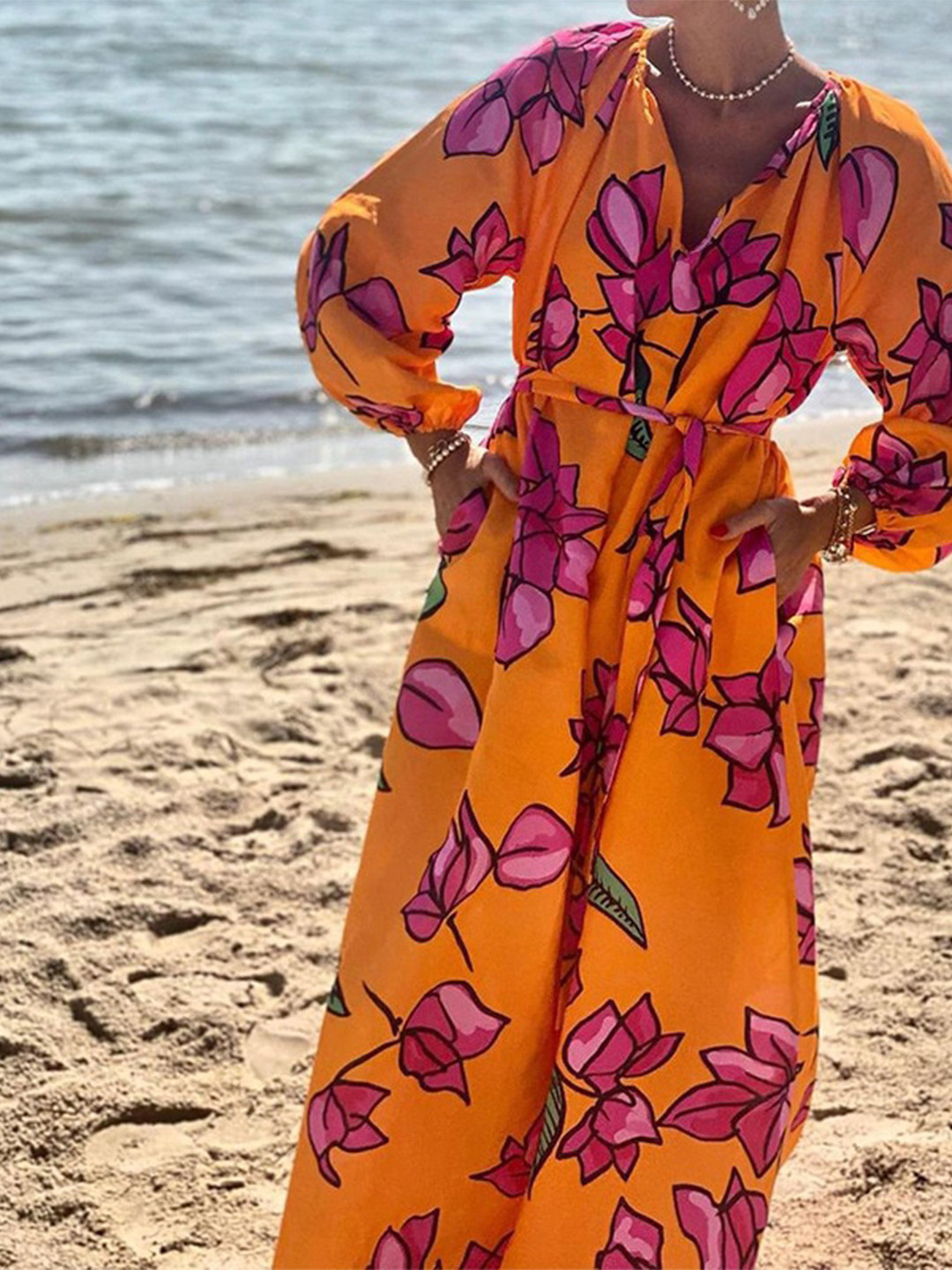 StyleCast Orange Floral Printed V-Neck Puff Sleeve Maxi Dress