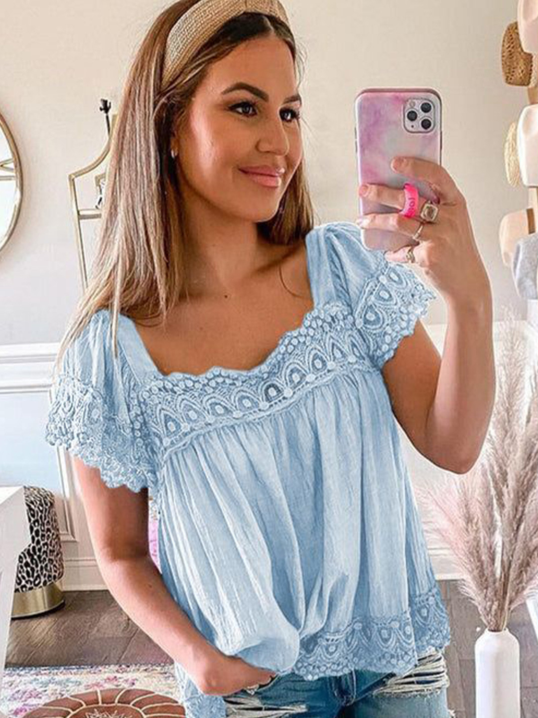 Errabelly Women Lace Pom Pom Splicing Square Neck Blouse