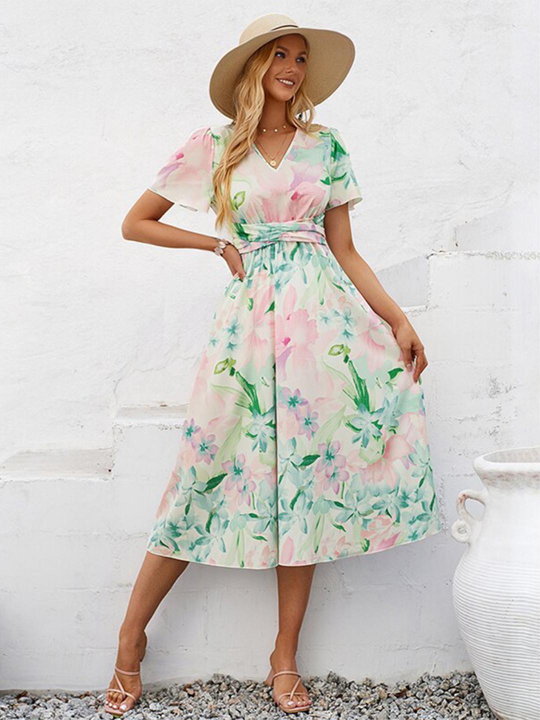 StyleCast x Revolte V-Neck Floral Printed Flared Sleeve Fit & Flare Midi Dress