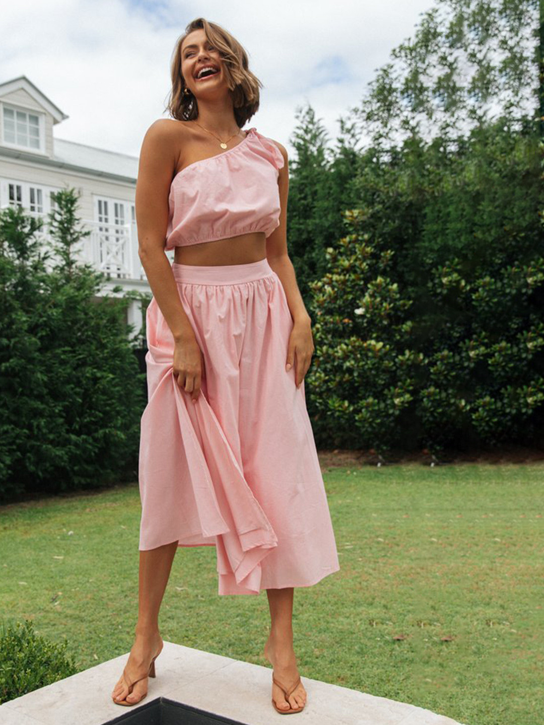 StyleCast Pink One Shoulder  Pure Cotton Crop Top With Skirt