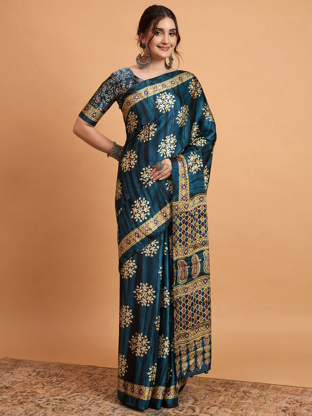 Mitera Women modal Ajrak Pure Crepe Block Print SareeWith Blouse Piece