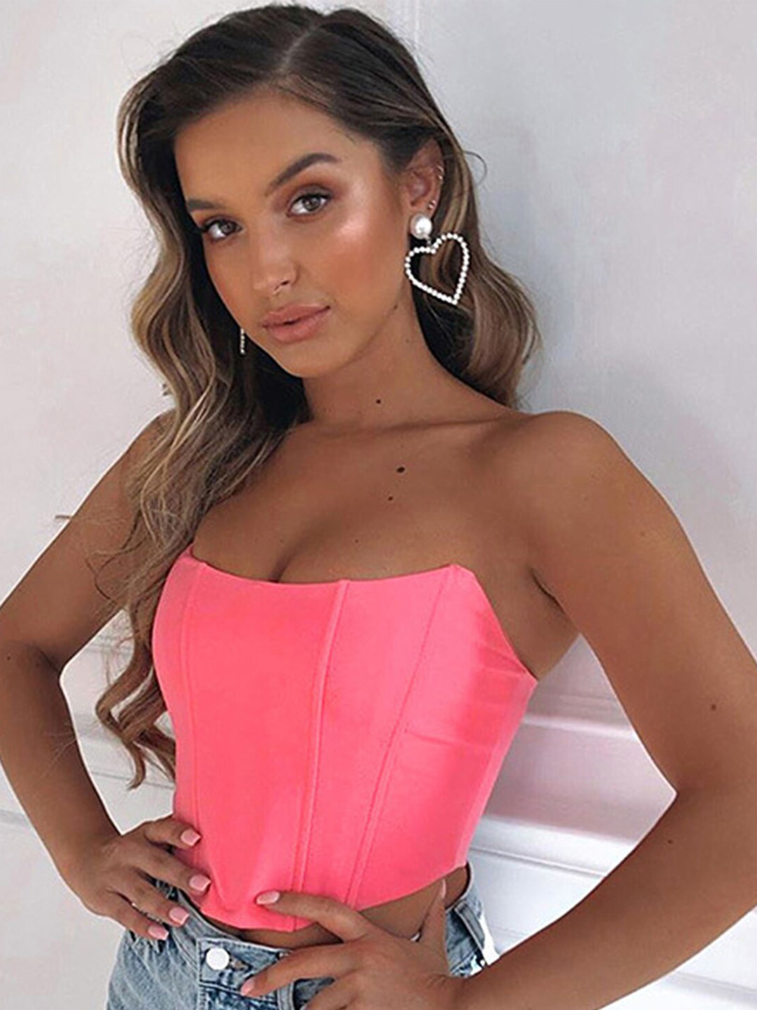 LULU & SKY Pink Strapless Crop Corset Party Top