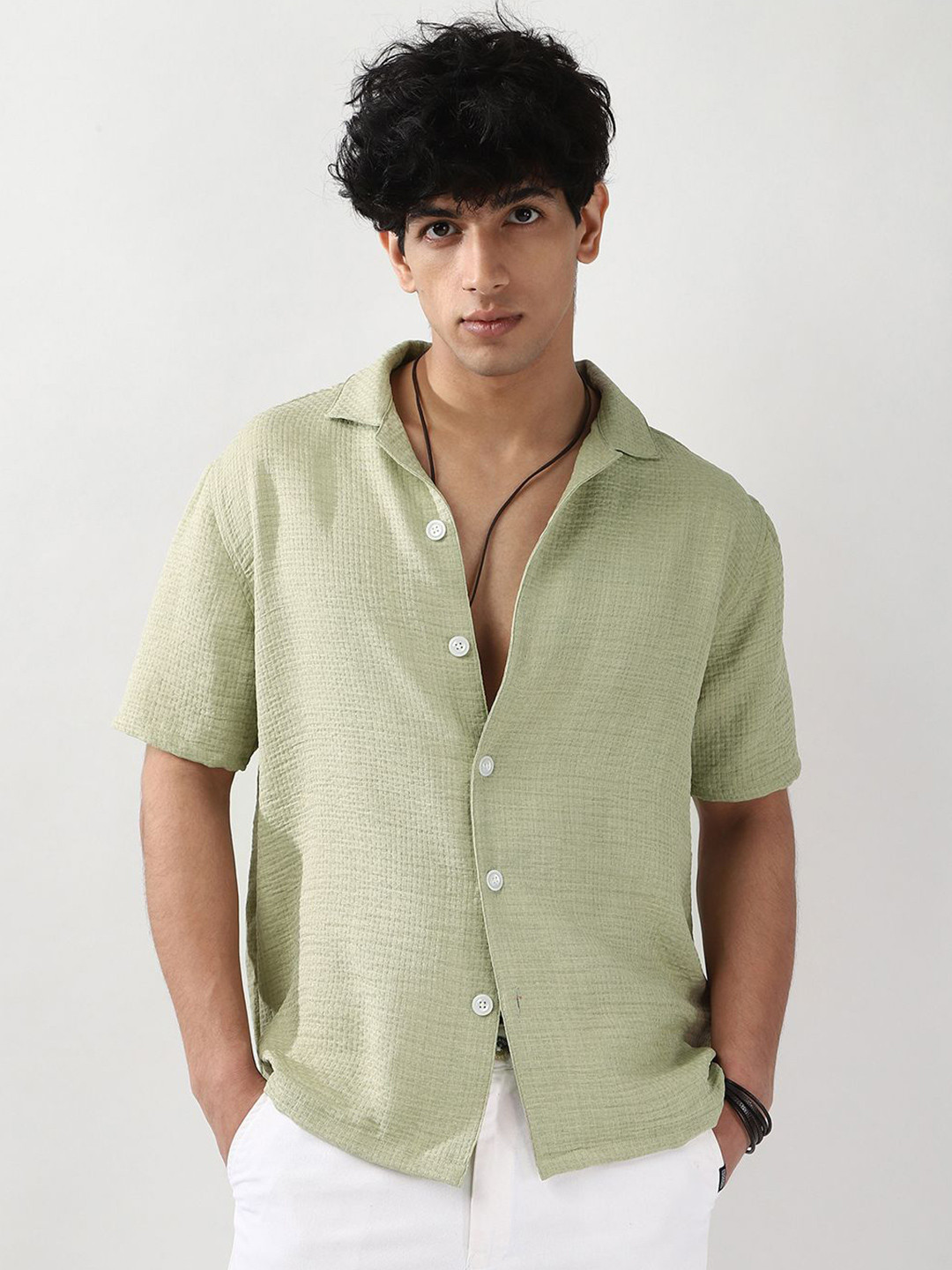 Urbano Fashion Men Pastel Olive Textured Cotton Half Sleeve Cuban Collar Oversized Fit Shirt