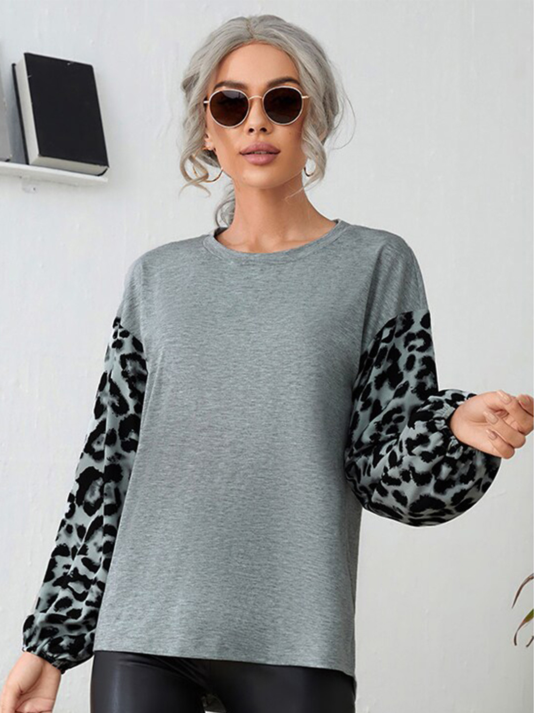StyleCast Grey Abstract Animal Printed Pullover