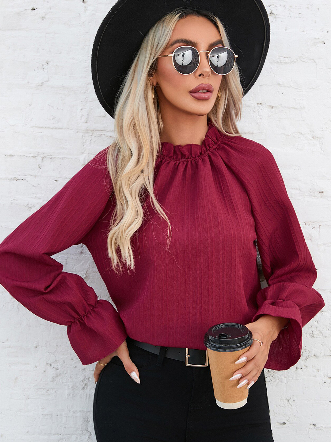 StyleCast Magenta High Neck Bell Sleeve Top
