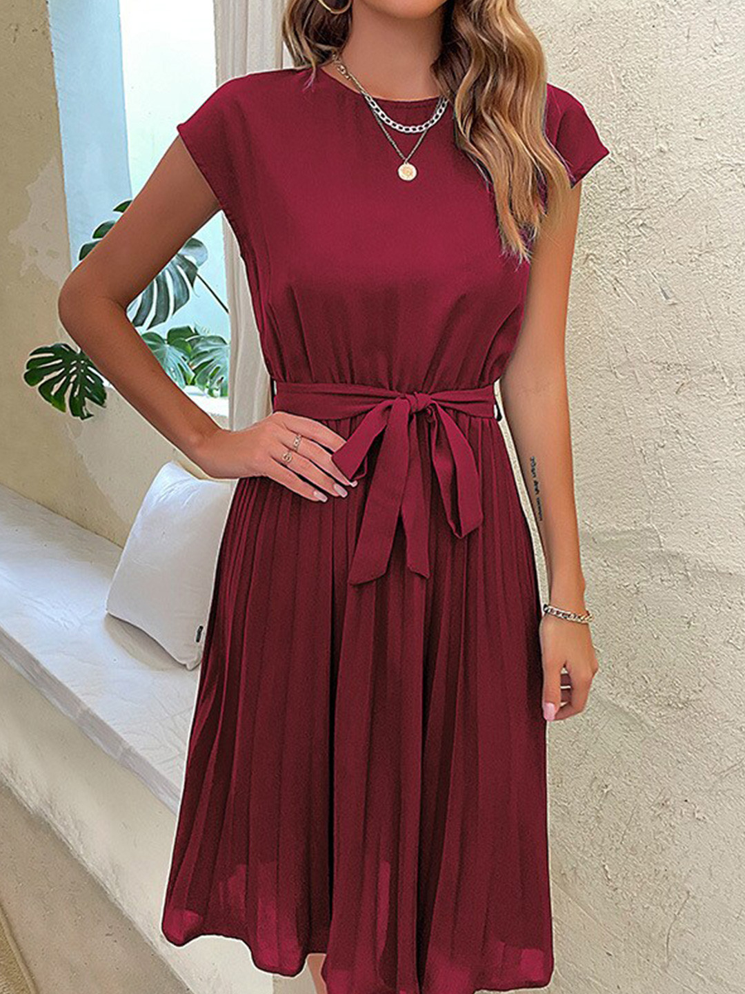StyleCast Magenta Round Neck Fit & Flare Midi Dress