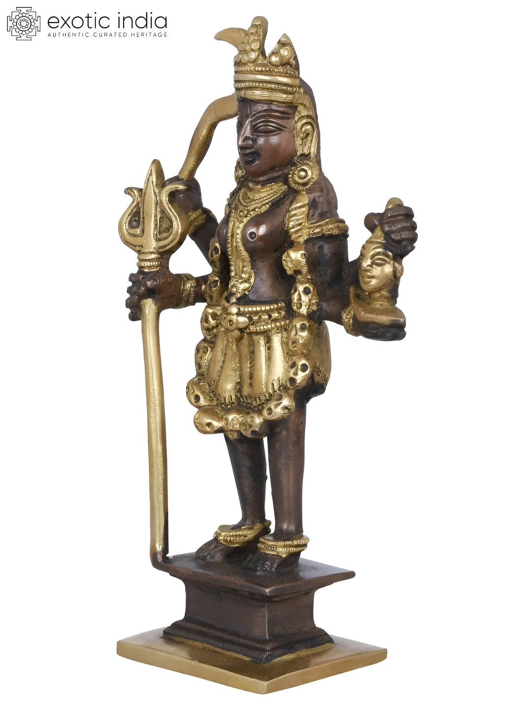 Exotic India Goddess Kali Brown Brass Metallic Prayer Room Hand Made Small Showpiece - 7.7 Inches