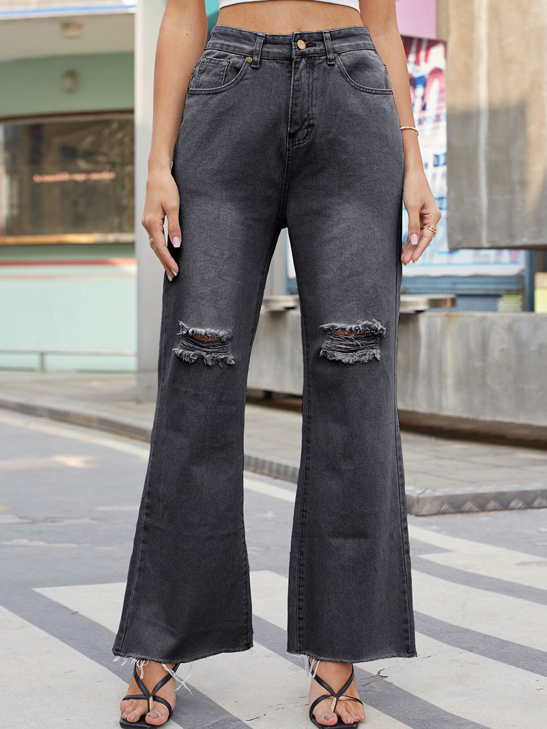 StyleCast Women Grey High-Rise Mildly Distressed Wide Leg Jeans