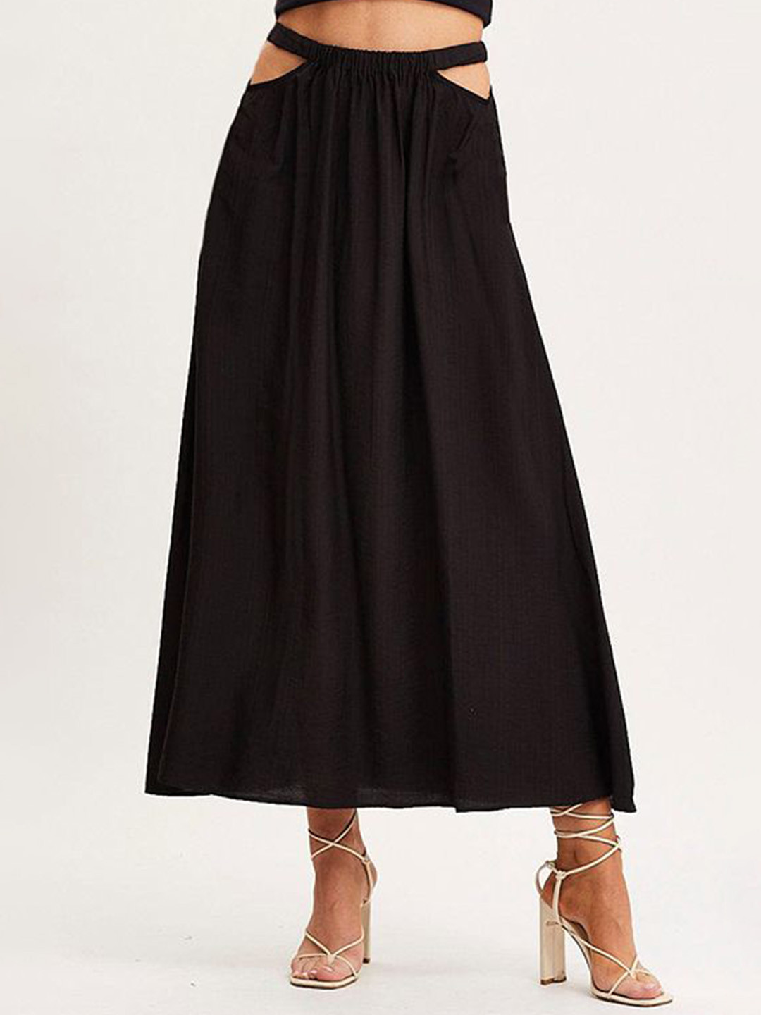Black Solid Flared Maxi Skirt with Elasticated Waistband